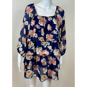 Womens Romantic Layered Flowy Floral Tunic Top Plus Size 18/20 Navy Office